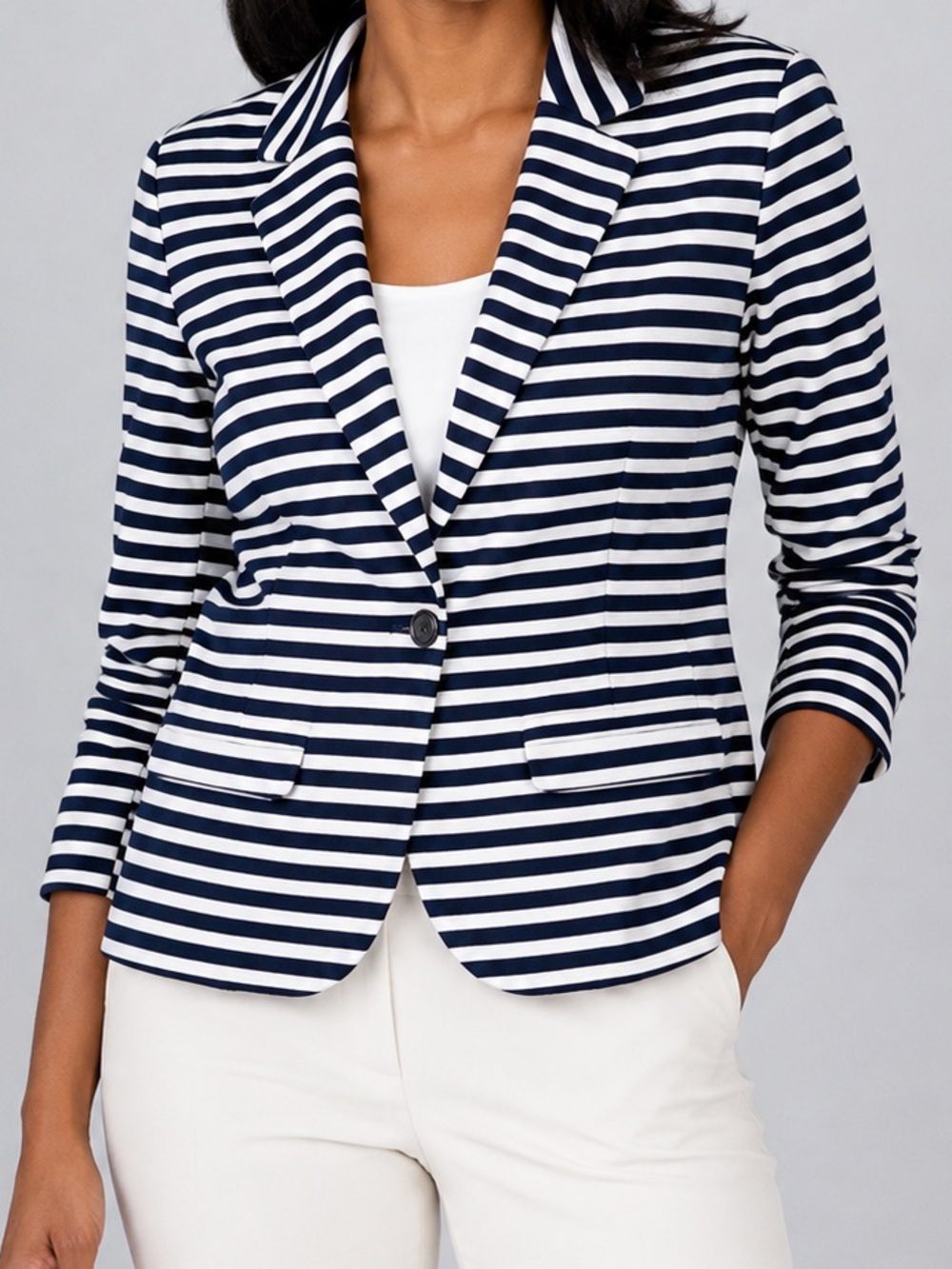 Merona | Striped Navy & White Blazer Jacket |Tailored Single-Button | Size S EUC